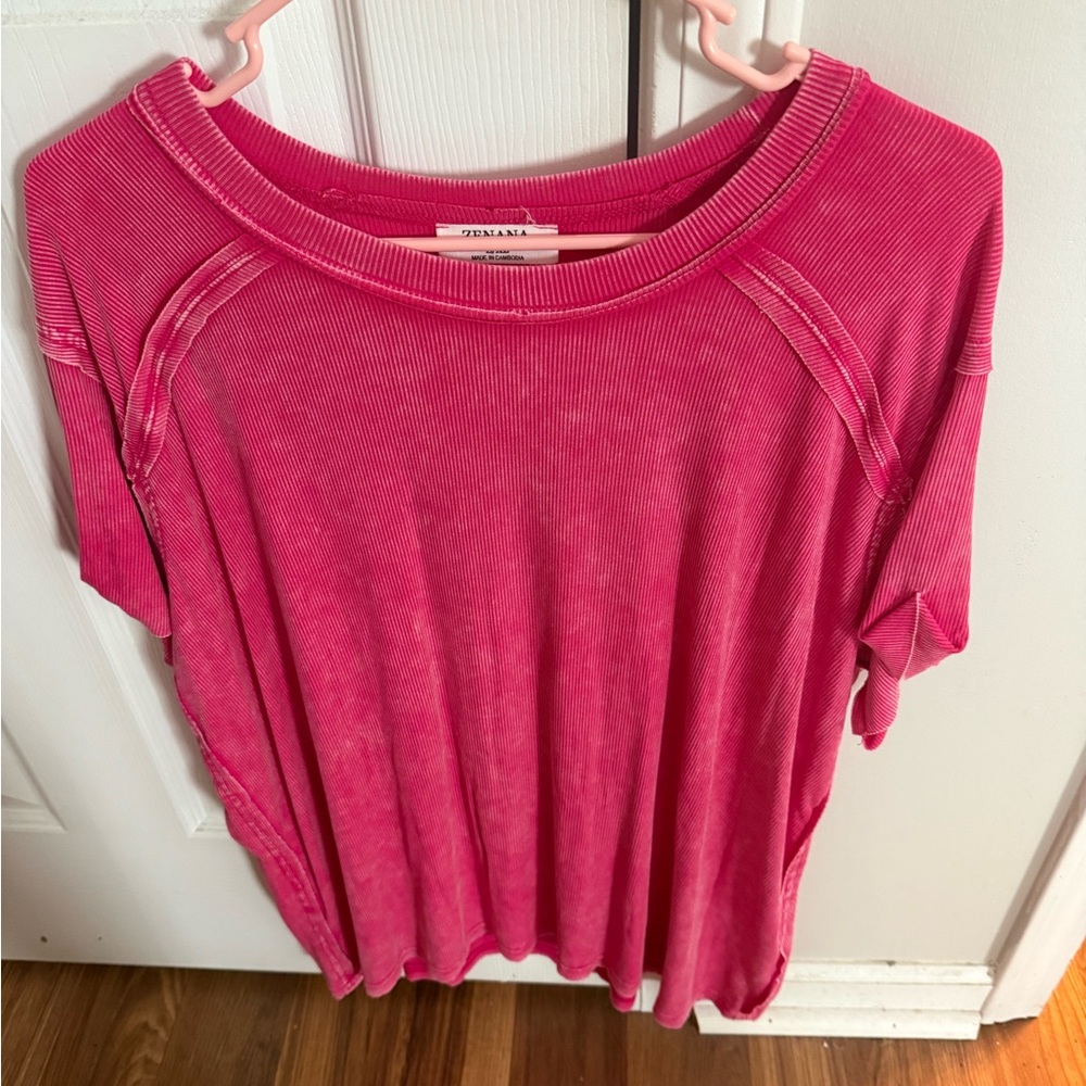 New Zenana Acid Wash Hot Pink Top